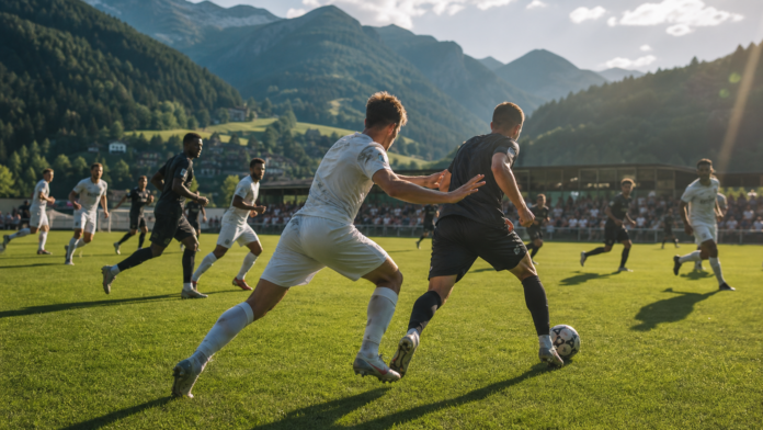 Illustration editoriale d'un match amical de football dispute dans un cadre alpin.