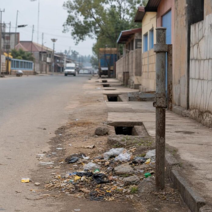 Emplacement vide de poubelle publique à Bunia avec déchets au sol