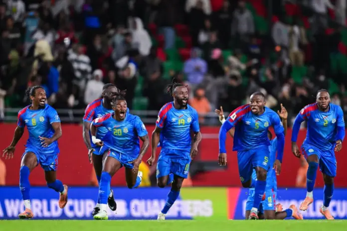 Léopards de la RDC célébrant sur le terrain lors de la Coupe du monde