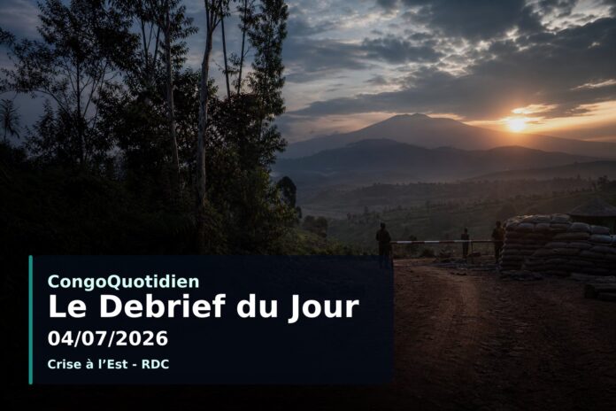 Illustration éditoriale d’un poste de contrôle dans l’Est de la RDC avec paysage montagneux et atmosphère de tension sécuritaire