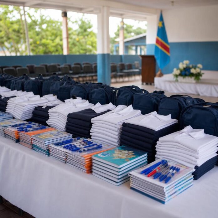 Étudiants congolais recevant des fournitures scolaires lors d'une cérémonie de remise de bourses