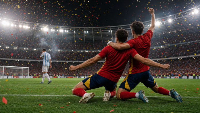 Illustration editoriale d'une celebration apres une finale de Coupe du monde entre deux equipes non identifiables.
