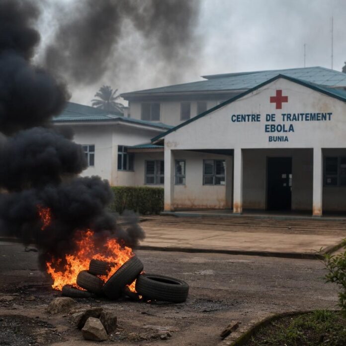 Soignants en grève brûlant des pneus devant un centre de traitement Ebola