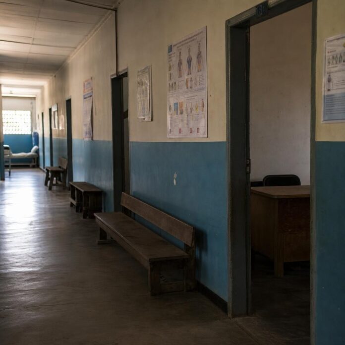 Couloir d'hôpital vide avec patients en attente faute de médecins