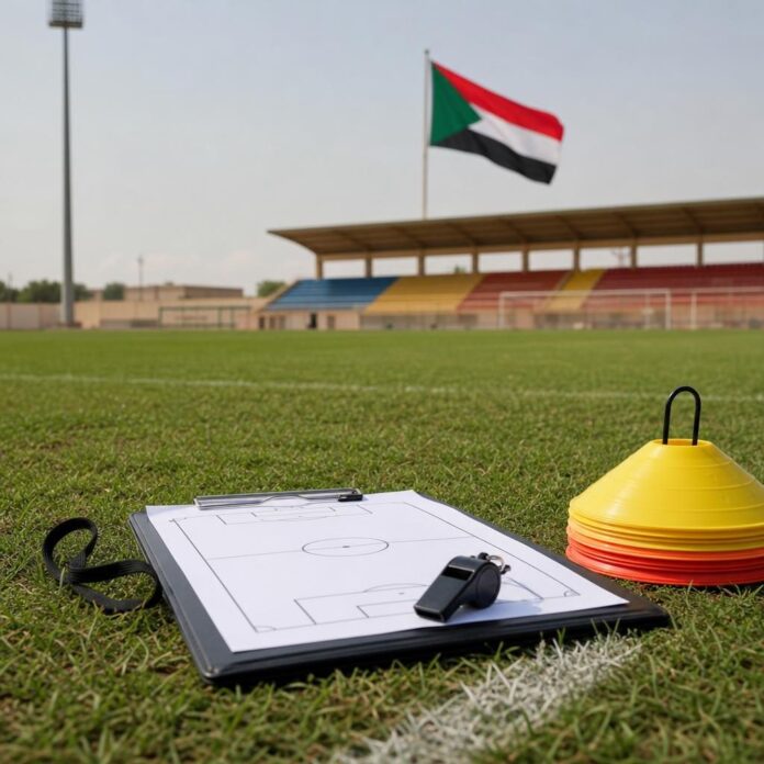 Stade de football vide avec un tableau tactique et un sifflet