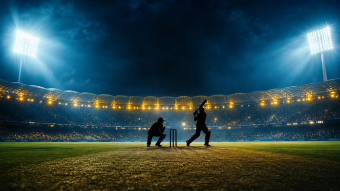 Stade de cricket de nuit avec silhouettes de batteur et wicketkeeper pour Zimbabwe contre Inde