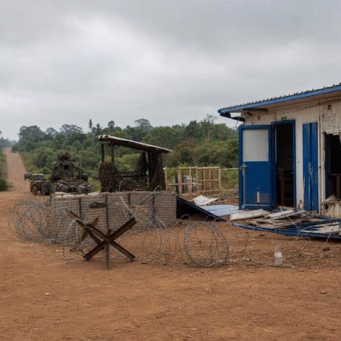 Militaire congolais en tenue de combat près d'un véhicule blindé sur une route de terre dans une zone rurale