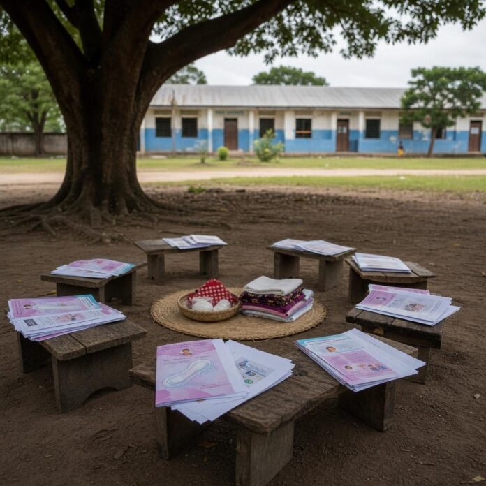 Femmes rassemblées dans un centre communautaire à Kananga, discutant de la santé menstruelle