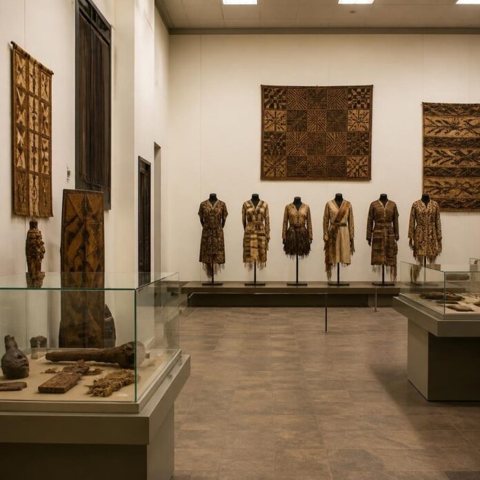 Silhouettes et tapisseries de l'exposition Mangbetu et Kuba