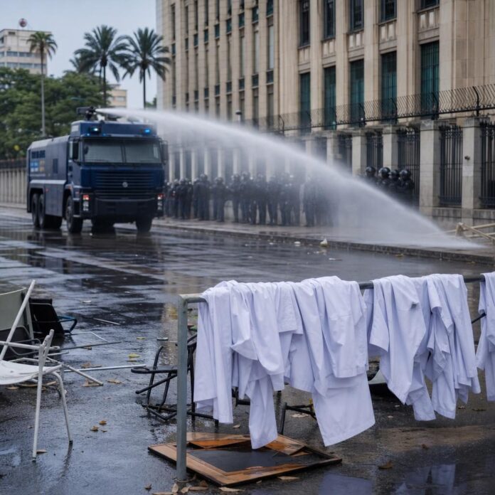 Médecins en blouse blanche aspergés d'eau par des policiers lors d'un sit-in