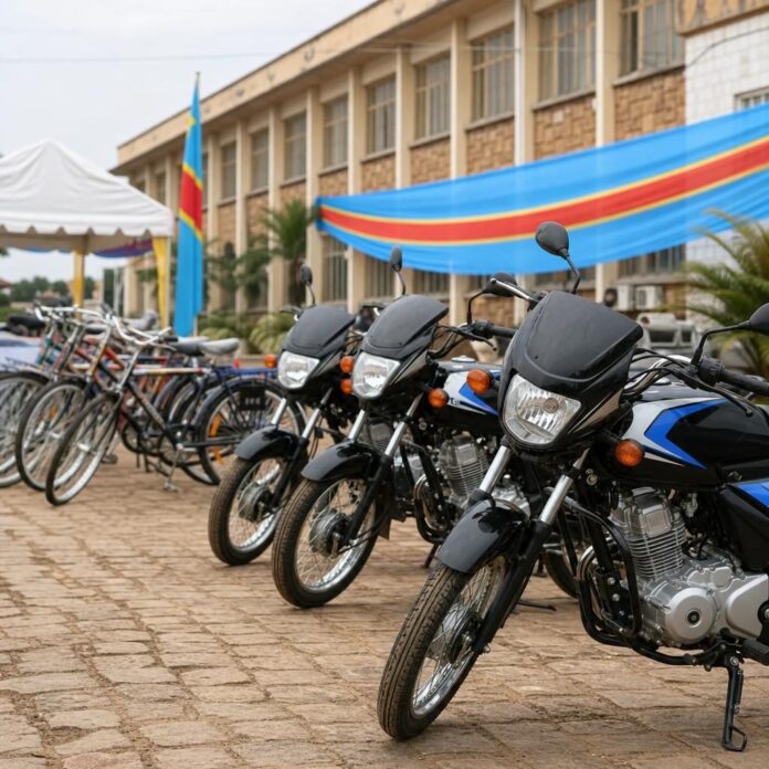 Cérémonie de remise de motos et vélos aux agents de l'état civil sur l'esplanade du gouvernorat à Kabinda