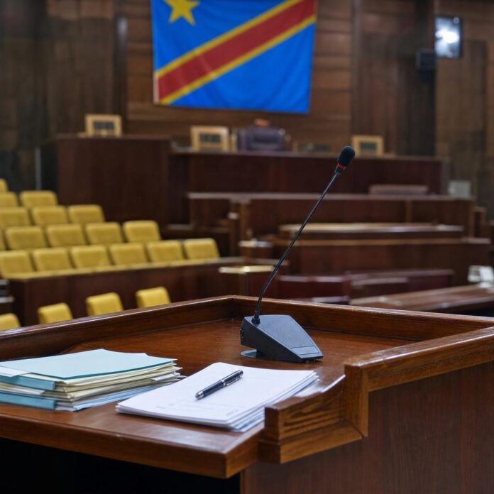 Député national au pupitre de l'Assemblée nationale, documents en main, expliquant la loi sur le plafonnement des loyers