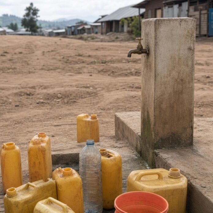 Habitants puisant de l'eau à une borne-fontaine à sec à Lubero