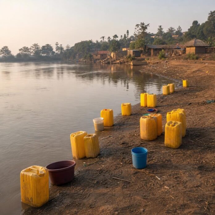 Femmes puisant de l'eau trouble dans la rivière Sankuru