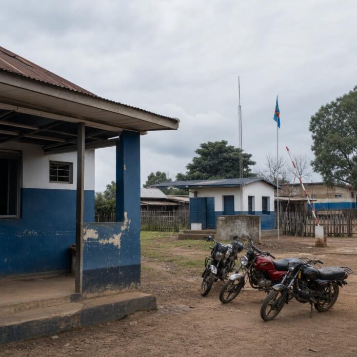 bâtiment administratif et poste de police dans une localité de Mahagi sous une ambiance calme et tendue
