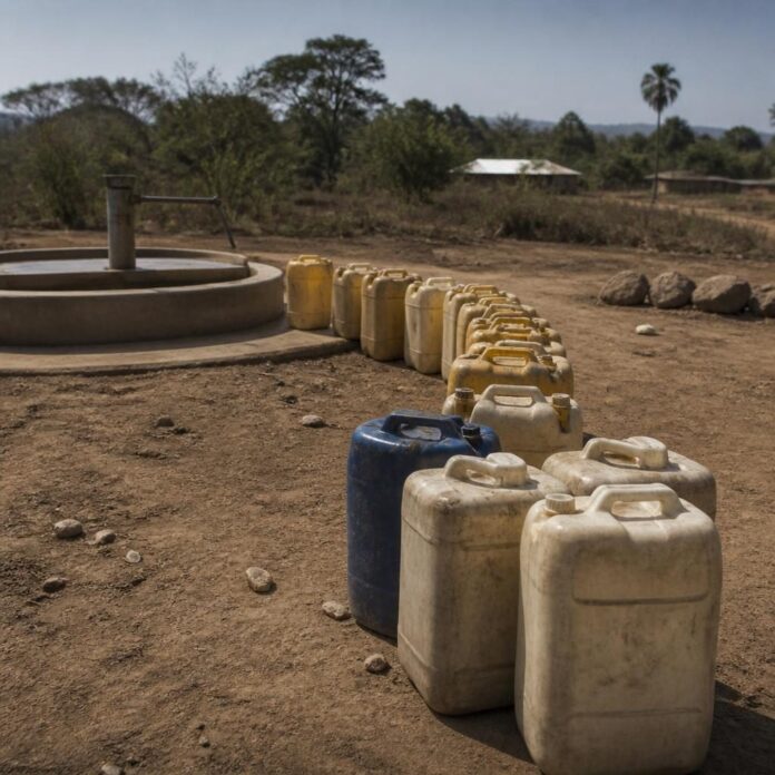 Puits d'eau à Mambasa, Ituri, avec habitants faisant la queue, dispositifs de lavage des mains absents
