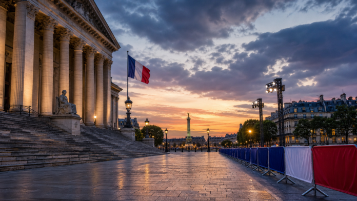 Illustration editoriale d une place civique parisienne pour un article sur Marine Le Pen.