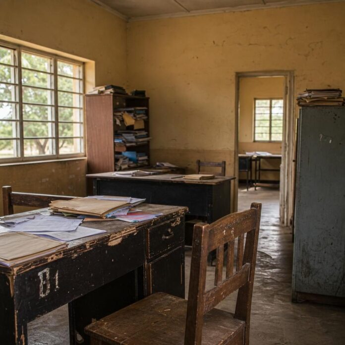Bâtiment administratif local à Mbanza-Ngungu, avec des fonctionnaires en activité