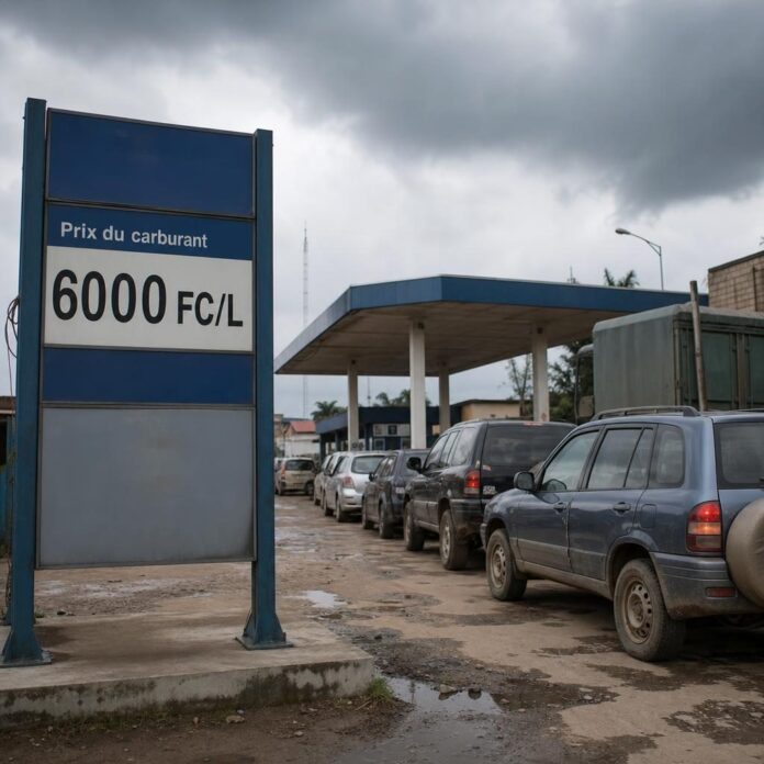 Station-service à Mbuji-Mayi avec prix affichés 6000 francs congolais le litre