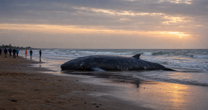 Illustration editoriale neutre pour un article sur la baleine echouee a Muanda.