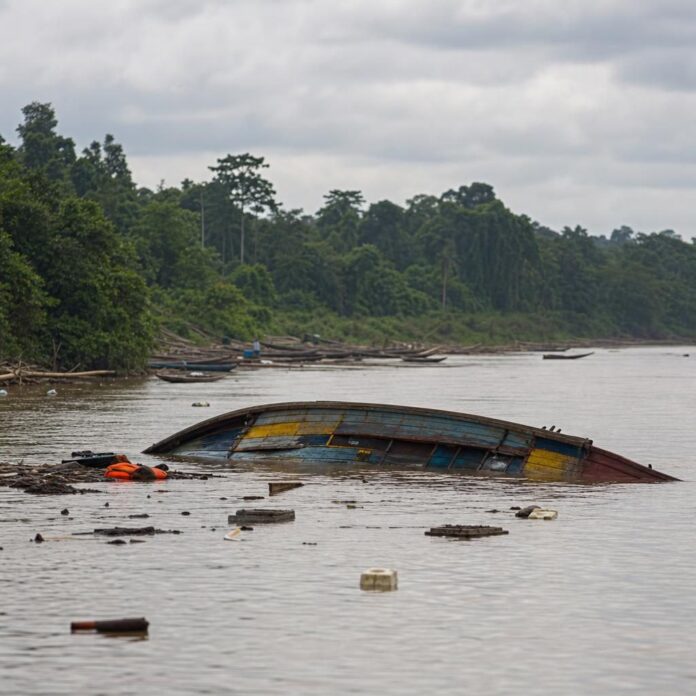 Baleinière chavirée sur la rivière Kasaï avec des rescapés
