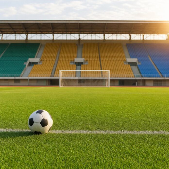 Terrain de football avec ballon et but, ambiance de stade
