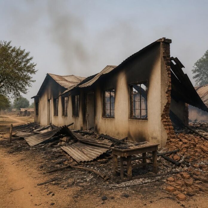 École incendiée à Nyunzu, Tanganyika, toiture effondrée
