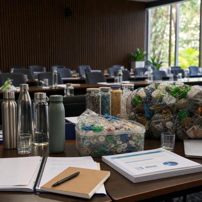 Table de reunion avec documents de travail sur la pollution plastique et dechets plastiques a cote dans une salle de conference a Nairobi