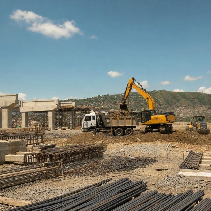 Vue d'un chantier de construction routière en RDC avec engins de chantier