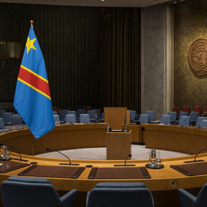 Salle du Conseil de sécurité des Nations unies avec drapeau de la RDC