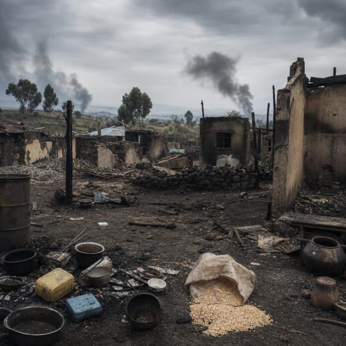 Habitations brulees et paysage rural devaste dans une zone de conflit a Rutshuru
