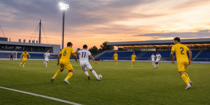 Match d entrainement du Real Madrid a Valdebebas face a Alcorcon au coucher du soleil