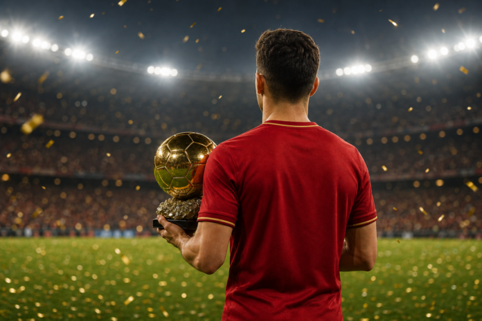 Illustration editoriale d'un milieu de terrain non identifiable tenant un trophee dore apres une grande finale.