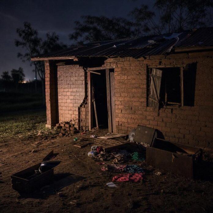 Maison en briques dans un village rural après une attaque nocturne