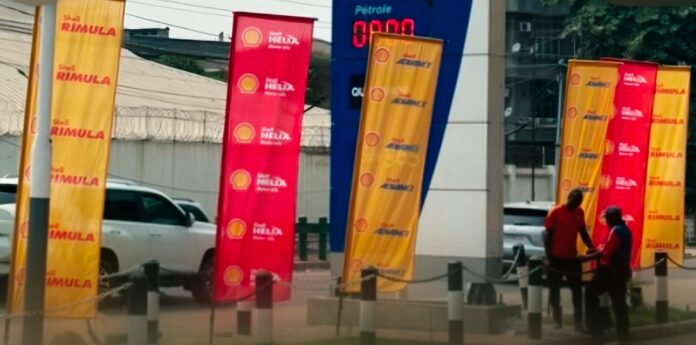 Lubricants and communication materials of Shell visible at an ENGEN service station in Kinshasa, DRC