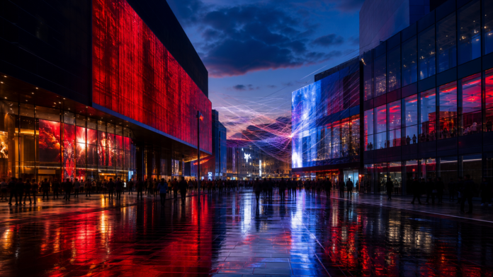 Quartier de cinema de nuit avec ambiance editoriale rouge et bleue pour Spider-Man Brand New Day