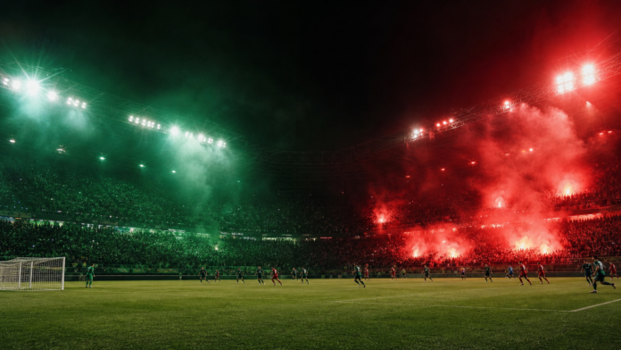 Grand stade de football de nuit partage entre ambiances verte et rouge pour St Gallen contre Benfica