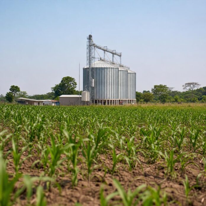 Champs agricoles et silo de stockage dans le cadre du programme PRASUB au Sud-Ubangi