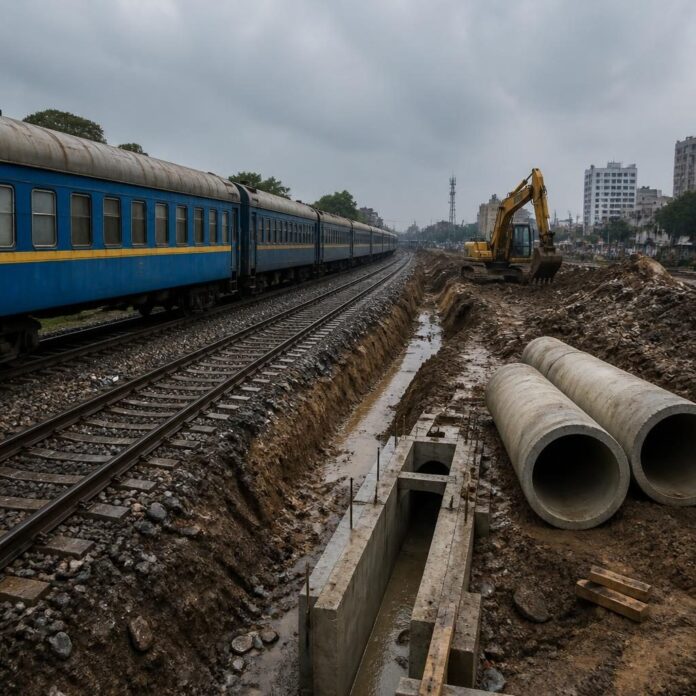 Chantier de reconstruction de drainage le long d'une voie ferrée à Kinshasa avec des buses en béton et des engins de terrassement