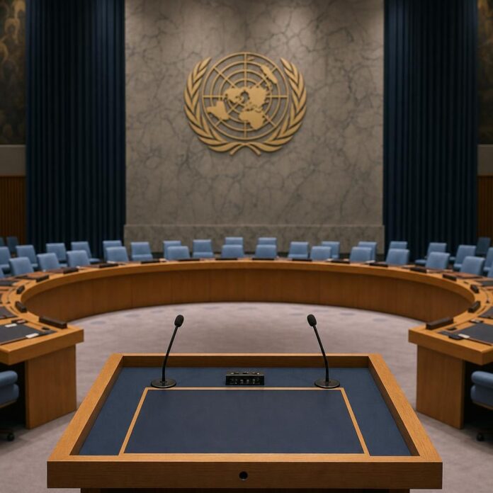 Salle du Conseil de sécurité des Nations Unies avec le drapeau de l'ONU et le podium vide
