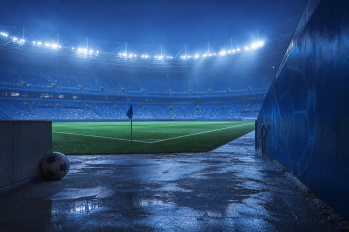 Illustration editoriale d une enceinte de football bleue en Arabie saoudite apres la qualification d Al-Hilal contre Al-Raed.