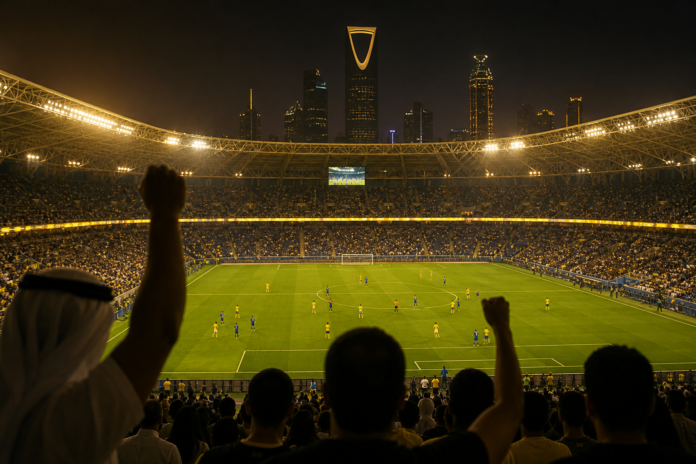 Illustration editoriale d un grand stade nocturne au Moyen-Orient apres la victoire d Al-Nassr contre Al-Fateh.
