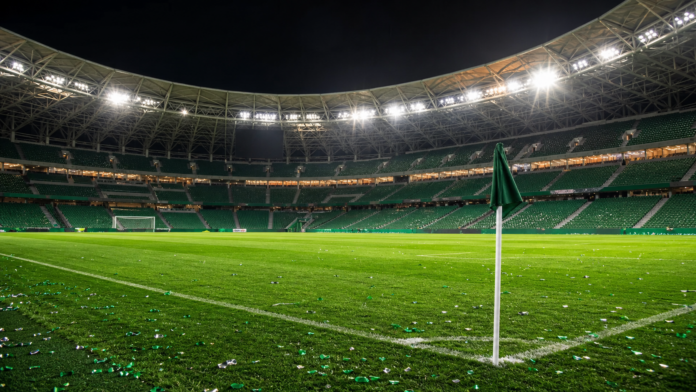 Illustration editoriale d un stade saoudien vide sous les projecteurs apres la victoire 4-0 d Al Nassr contre Al Riyadh.
