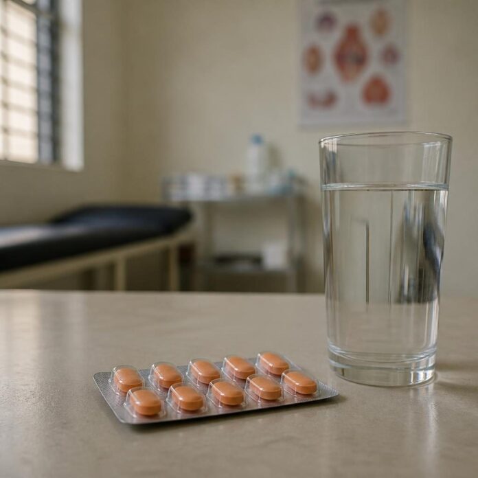 Comprimés de micronutriments multiples et verre d'eau sur une table lors d'un briefing sur la nutrition à Kinshasa
