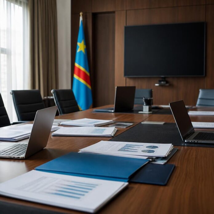Réunion de travail entre le ministère de l'Économie numérique et les acteurs du secteur dans une salle de conférence moderne avec documents