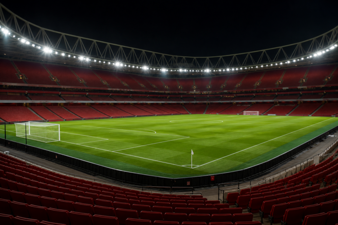 Illustration editoriale d un grand stade anglais vide apres la victoire 3-0 d Arsenal contre Coventry City.