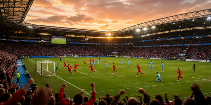 Illustration editoriale d un grand stade britannique au coucher du soleil pendant la victoire 3-0 d Arsenal contre Manchester City.