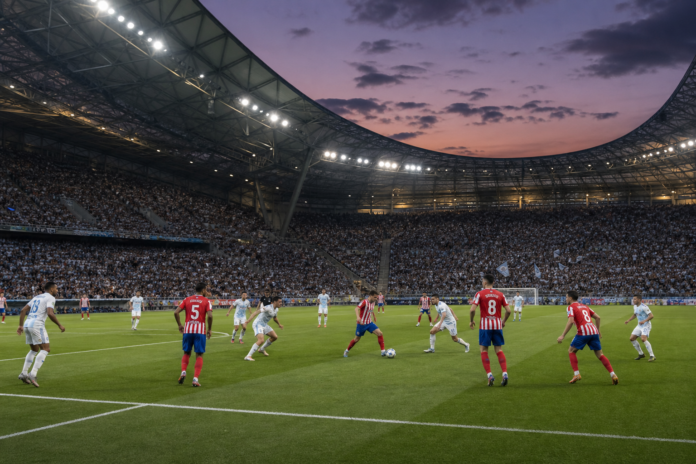 Illustration editoriale d un match de football europeen entre un club en bleu clair et un club en rouge et blanc dans un grand stade.