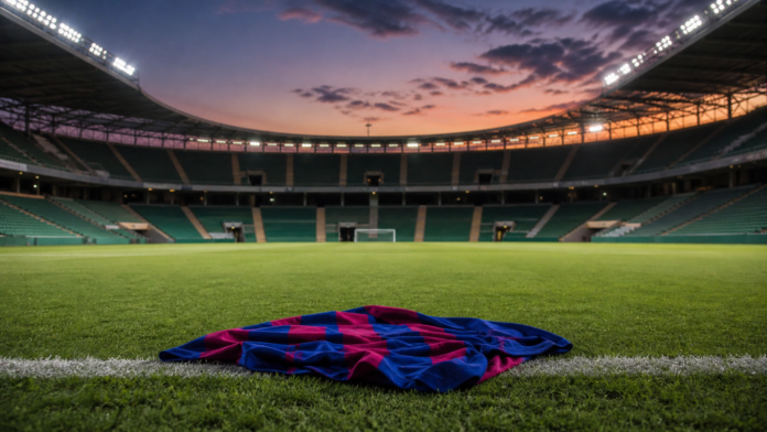Illustration editoriale neutre d un stade espagnol au crepuscule apres la victoire 5-0 de Barcelone sur la pelouse d Elche.