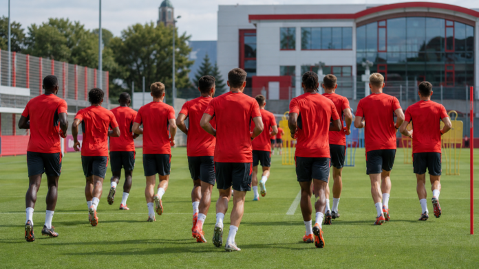 Illustration editoriale d un groupe de footballeurs en tenue rouge reprenant l entrainement sur un grand terrain professionnel.